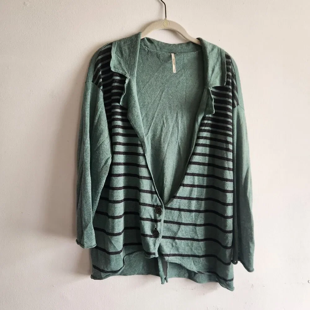 Free People Linen Blend Green Black striped two button cardigan sweater Size L